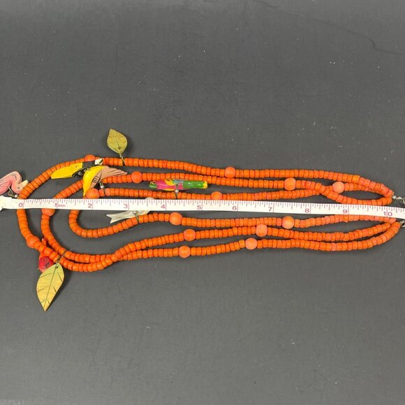 Retro Boho Chic Necklace Orange Wood Beaded Carved Tropical Parrot Bird Vintage - Picture 11 of 12